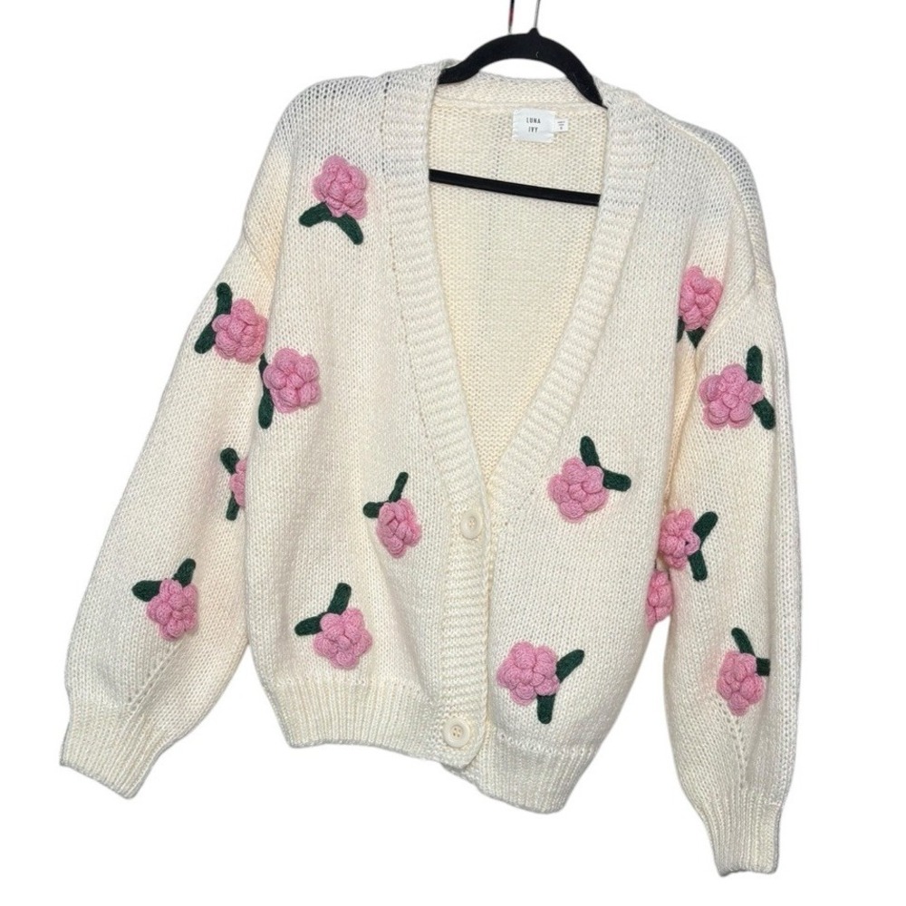 Luna Ivy Womens 3D Knit Floral Cardigan Sweater Ivory Pink Flowers Sz S Romantic